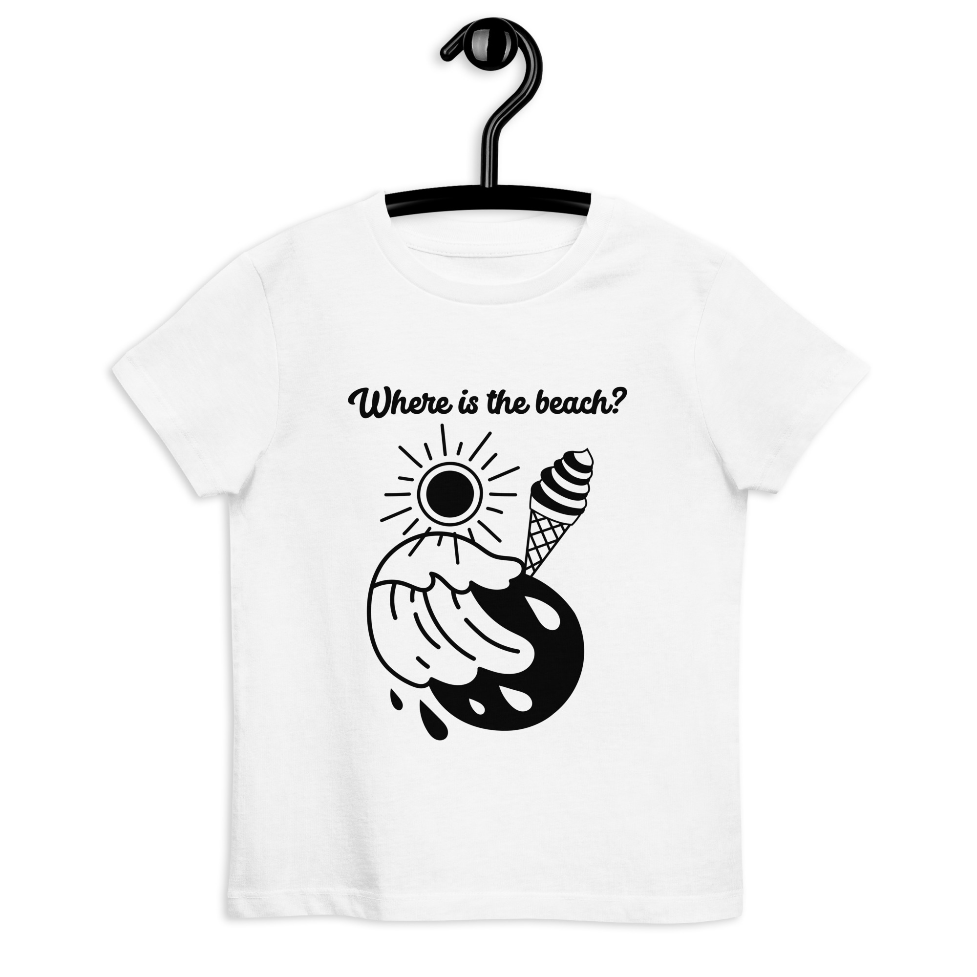 „Where is the beach?“ – Kindershirt aus Bio-Baumwolle